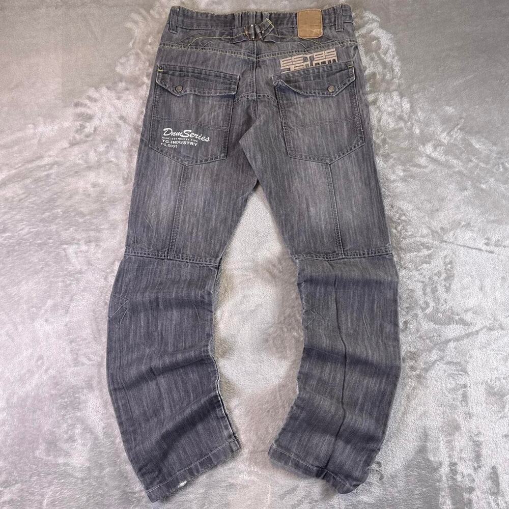 Vintage Y2K DNMEST-095  Jeans Mens 32 Gray Embroidered Moto Biker Buckle Back